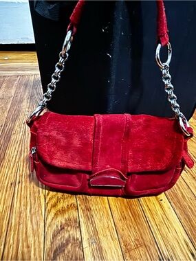 Red Suede Shoulder Bag with Silver Chain Strap